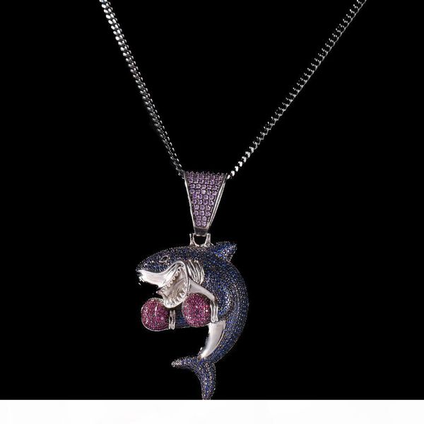 

boxing shark pendant hip-hop micro-zircon necklace gun black cuban chain hip hop accessories, Silver