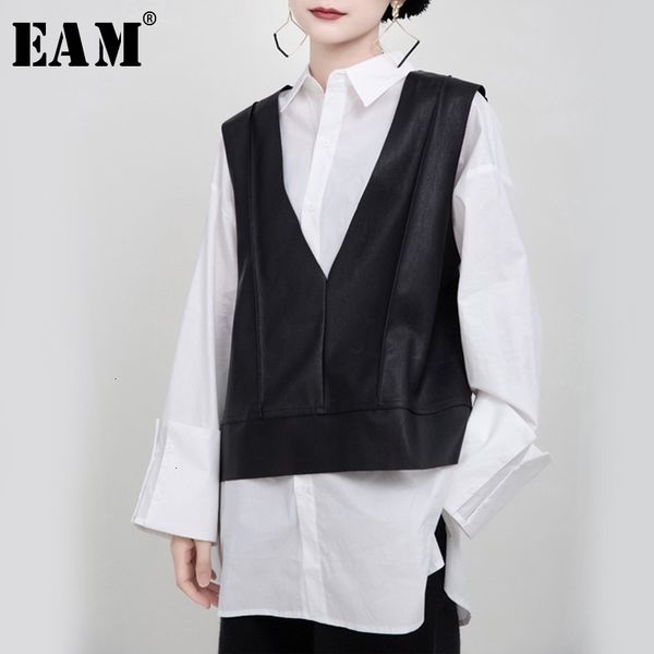 

[eam] women loose fit black pu leather big size temperament vest new v-collar sleeveless fashion tide spring autumn 1m940 201102, Black;white