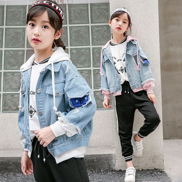 

fashion denim jackets for girls spring trench children's clothing 4 8 12y hooded outerwear windbreaker kids teen jeans coats, Blue;gray