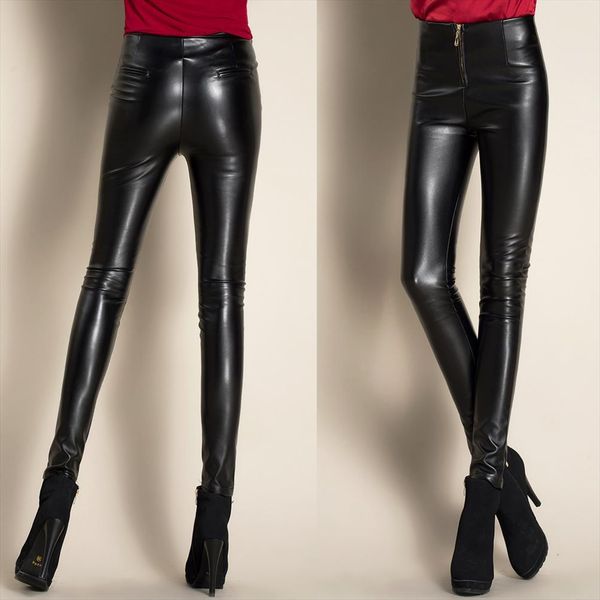 

2019 autumn winter women pu leather velvet high waist warm leggings slim zipper pockets pencil pants trousers female, Black