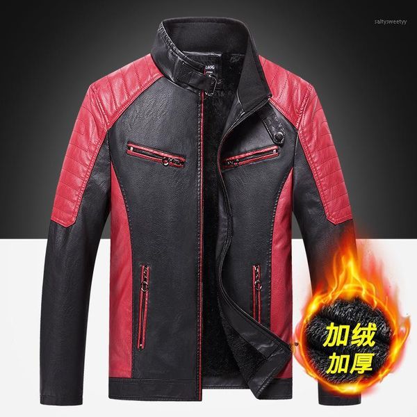 

men's fur & faux men's spliced fleece motorcyacle leather jacket 2021 autumn winter men fashion vintage bomber coat male collar sl, Black