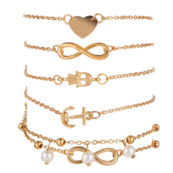 

2021 european and american fashion ladies feet bracelet multi-set set of ornaments 5 pieces of peach heart anchor pearl alloy foot chain, Red;blue