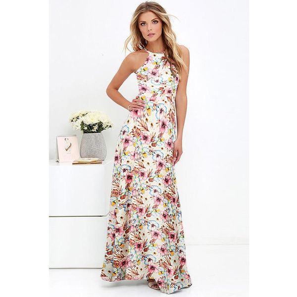 

women boho dress halter neck floral print sleeveless summer dress 2020 holiday long slip beach dresses vestidos, Black;gray