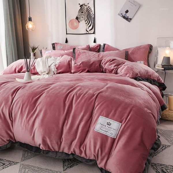 

bedding sets thick velvet denim winter coral fleece double-sided short fiber flannel quilt cover baby bed sheet three-piece set1