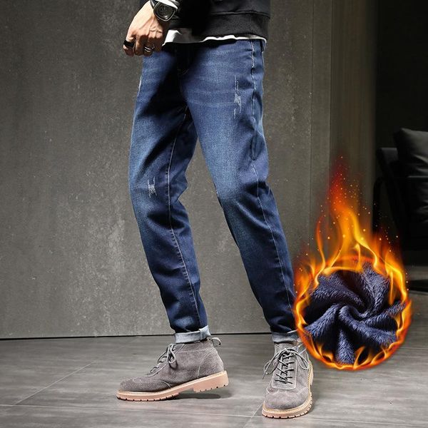 

men's jeans winter elastic waist trousers washed micro-elastic cotton denim casual gray plus velvet mid-waist pants pantalones de hombr, Blue