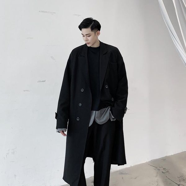 

autumn winter male casual overcoat jacket men vintage double breasted loose woolen long trench coat outerwear, Tan;black