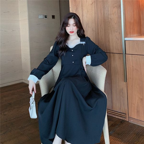 

autumn 2020 new french dress dresslace dresselegant dress with women's lace stitching square collar waist closing show thin black skirt, Black;gray