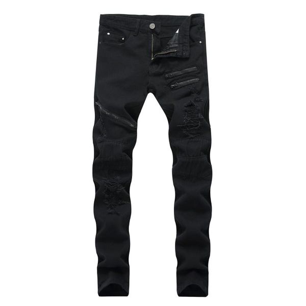 

men's jeans winter men thick cowboys trousers casual slim black male individuality zipper design ripped denim jean pants, Blue