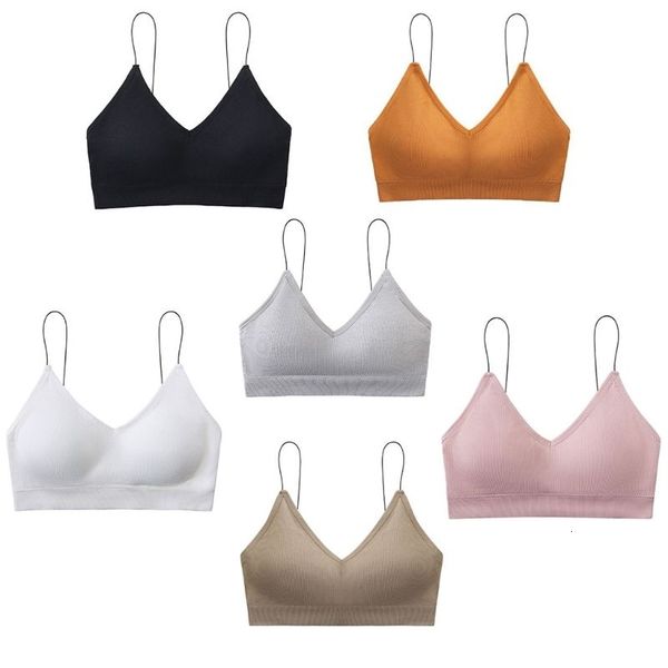 

women girls spaghetti strap bralette v-neck wireless padded ribbed stripes bra 83xf