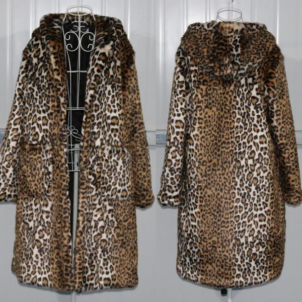 

leopard искусственного мех пальто женщины 2020 новая зима длинного капюшон норковой шубы женских толстые теплое повседневный outwear parka ш, Black