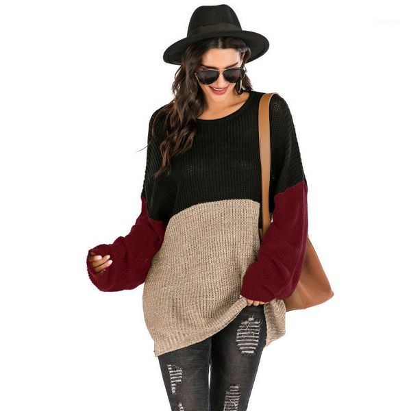 

o neck long sweaters 2020 fall woman loose large size winter clothes for ladies color block knitted pullover warm jumpers autumn1, White;black