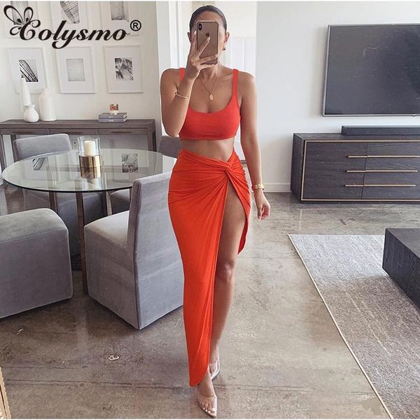 

colysmo 2020 summer two piece set low cut vest long skirt set casual beach party 2 piece women hight side club outfits1, White