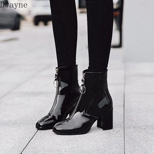 

2020 осень зима женская обувь мода лакированной кожи толстый каблук мартин сапоги передняя молния сапоги диких высокой пятки сапоги женские, Black