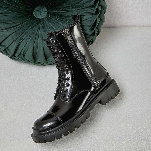 

boots 2021 winter shoes women's motorcycle patent leather platform round toe lace up mid-calf bottes femme, Black