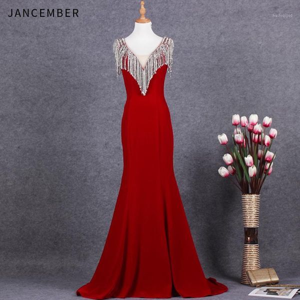

jancember sukienka wieczorowa crystal tassel sleeveless backless v-neck court train elegant mermaid new robe de bal femme longue1, White;black