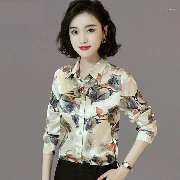 

women's long sleeve casual spring autumn printed shirts turn-down collar elegant blouses slim button fashion blusas df31881, White