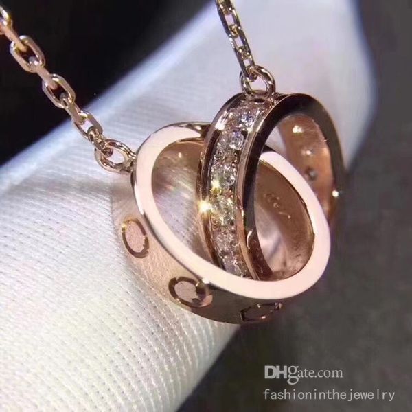 Collana di moda di lusso Designer di gioielli da festa in argento sterling con doppi anelli con ciondolo di diamanti in oro rosa collane per donne in maschera regalo di gioielli a catena lunga