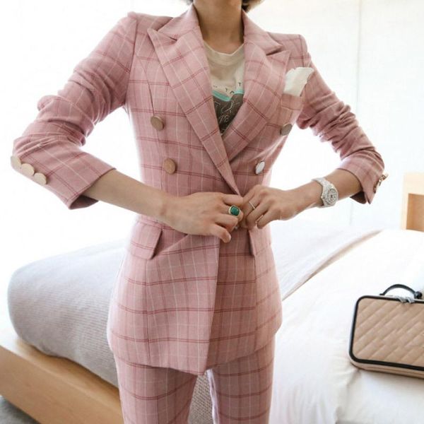 

new fashion women long pant slim double breasted suit comfortable work style vintage elegant plaid pant suits1, White;black