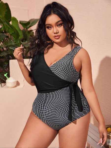 

plus line pattern knot one piece swimsuit i6jh#, Black