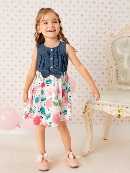 

toddler girls bow front floral print colorblock dress she, Red;yellow