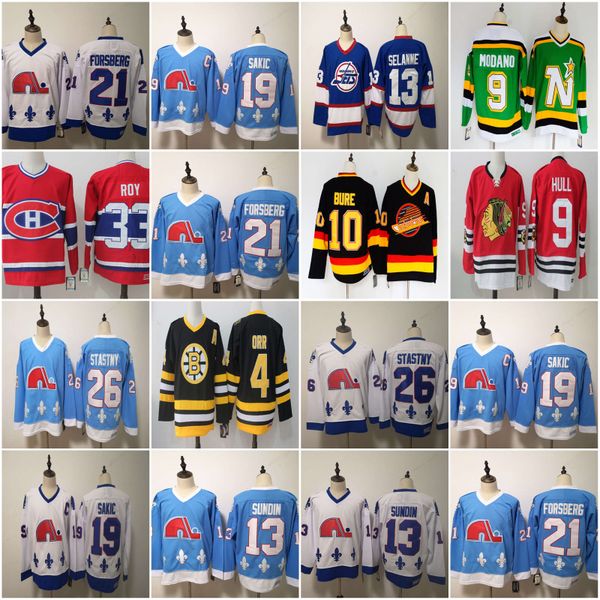 

4 bobby orr 9 hull mike modano 33 patrick roy 10 pavel bure 13 teemu selanne 19 joe sakic peter stastny 21 forsberg vintage hockey jerseys, Black;red
