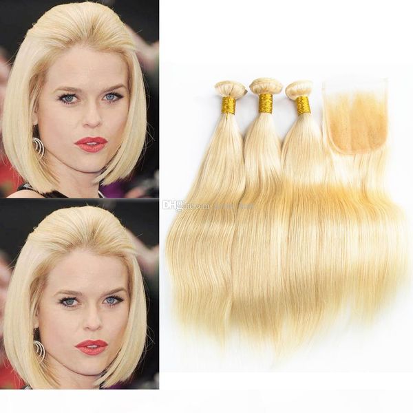 

blench blonde #613 silky straight human hair 3bundles with closure 4x4 colored 613 virgin human hair weaves with lace closure, Black;brown