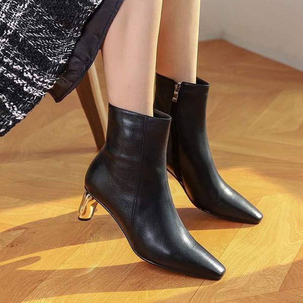 

bottes femme 2020 new winter shoes women's ankle boots cow leather strange style square toe zipper office lady ankle boots mujer, Black