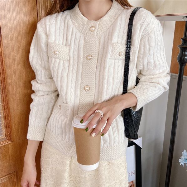 

autumn winter 2020 new style small fragrance temperament round neck slim long sleeve pearl button pearlsweater sweatercardigan knitted t, White;black