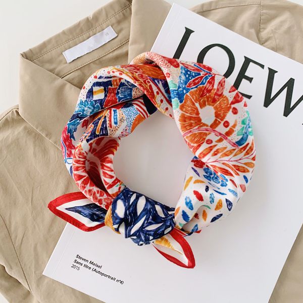 

luna&dolphin small square scarves 53x53 100% real silk oil painting crayon flower red bandanas vintage headbands scarf kerchief y201007, Blue;gray