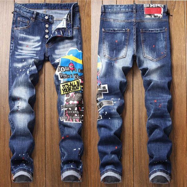 

new fashion brand 2 men's straight stretch printed blue hole denim long trousers and trousers pants lru