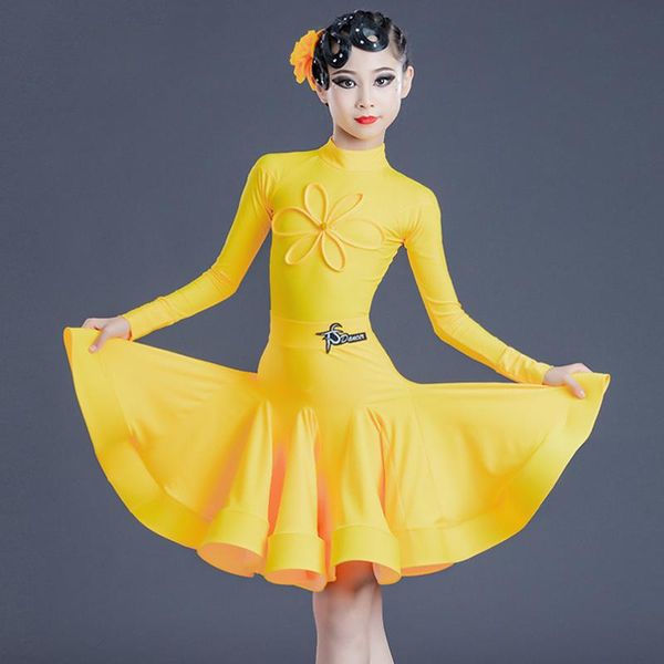 

stage wear 2021 latin dance clothes for girls children half-high collar flower split suit professional competition dress, Black;red