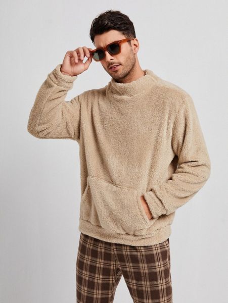 

men mock neck kangaroo pocket flannel sweatshirt 82qq#, Black