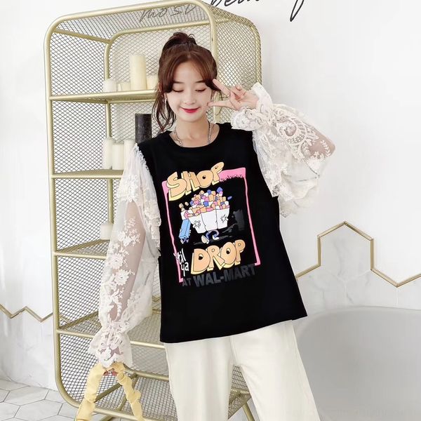 

nmv2e korean spring and autumn sweater style large lace sleeve new print net red t-shirt women's loose lace t-shirt sweater stitching s, Black