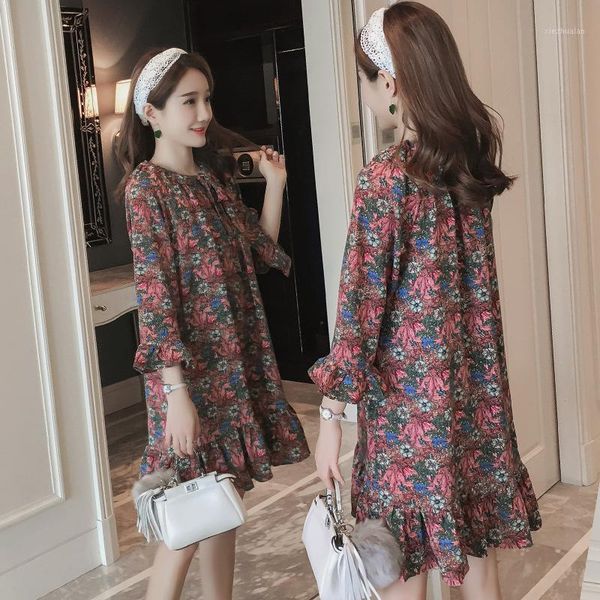 

2020 autumn clothing floral-print pregnant women dress mid-length flounced long sleeve maternity dress1, White