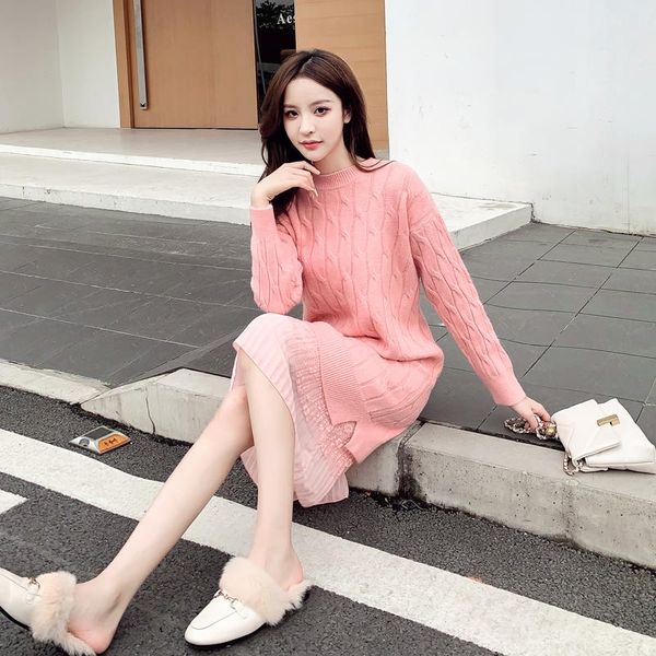 

new elegant women autumn winter lace patchwork sweater dress lazy style loose twist sweater outer wear lady dress, White;black