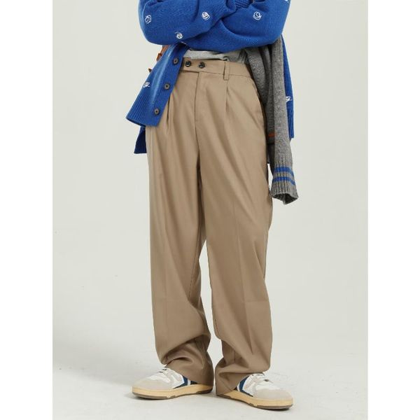 

new male japan korea streetwear black gray khaki suit long trousers men elastic waist loose casual straight wide leg suit pant
