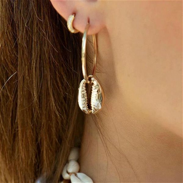 

hoop & huggie gold color aesthetic earrings for women korean style circle shell dangle fashion jewelry, Golden;silver