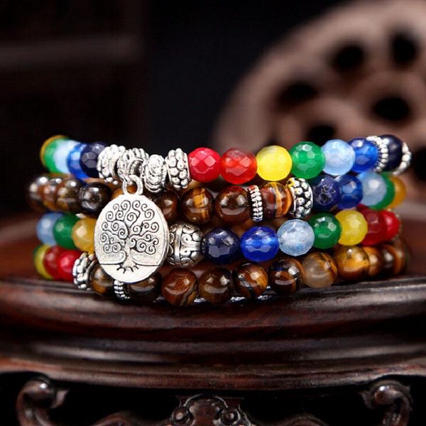 

fashion 6mm natural tiger eye beads energy chakras bracelet 108 mala bracelet tree of life charm yoga gift wholesale jewelry, Black