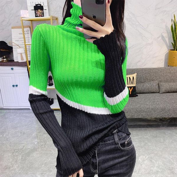 

autumn winter women sweaters fashion contrast color bottoming shirts woman stretch knitted sweaters female pullover1, White;black