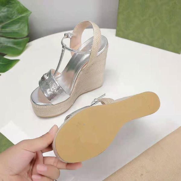 

fashion- luxury designer slope heel hemp rope woven sandals metal ankle buckle women's platform thick sole super high heels, Black