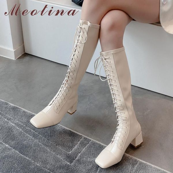 

meotina women knee high boots shoes real leather high heel long boots square toe thick heels zip lace up ladies black 40