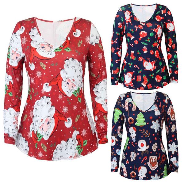 

women's blouses & shirts 2021 women blouse christmas costume with elk santa printing dames o-neck long sleeve shirt, White