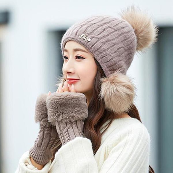 

девочка теплое ski 2018. новая марка big fur pom ром теплые перчатки + knit hat set зима женщины beanie hat толстые skullies jllakv nana_hom, Black;white