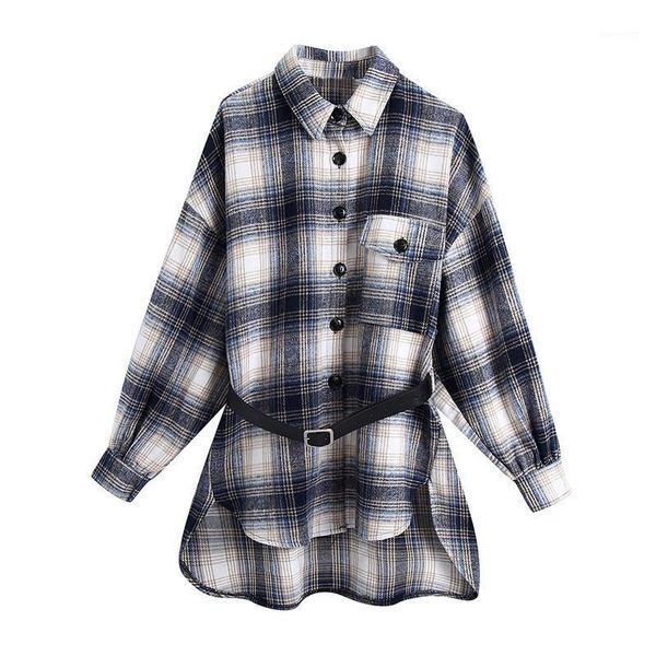 

blsqr streetwear loose plaid shirt jacket ladies casual women side split coat female with belt buttons pockets tweed coats1, Black;brown