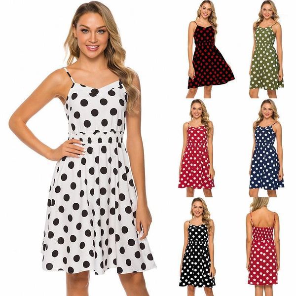 

casual dresses women's v-neck polka dot print strap midi skirt1, Black;gray