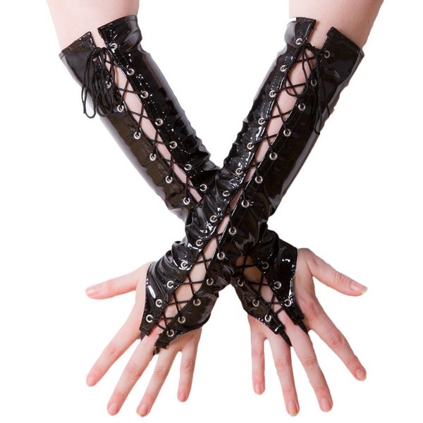 

leather latex lingerie bandage hollow out pu gloves 37cm latex body stocking women 201022, Blue;gray