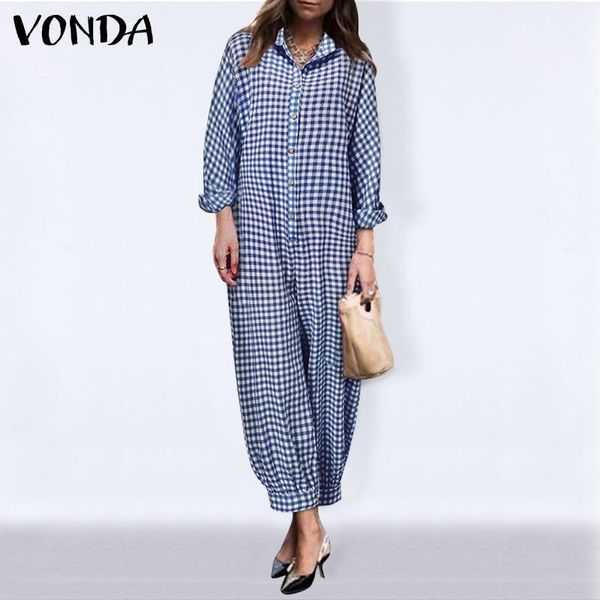 

plus size vonda women'rompers vintage plaid jumpsuits casual pants long sleeve turn down collar button office overalls pantalon, Black;white