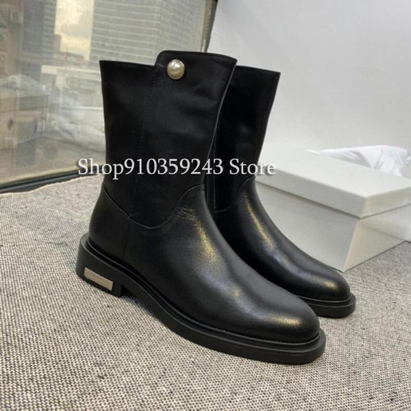 

boots women's imported genuine leather layer cowhide with pearl elements classic style short, Black