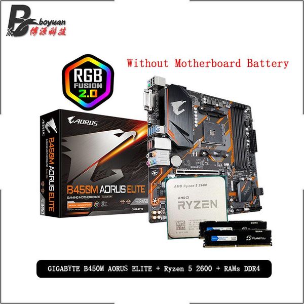 

amd ryzen 5 r5 2600 cpu + ga b450m aorus elite motherboard + pumeitou ddr4 8g 16g 2666mhz rams suit socket am4 without cooler