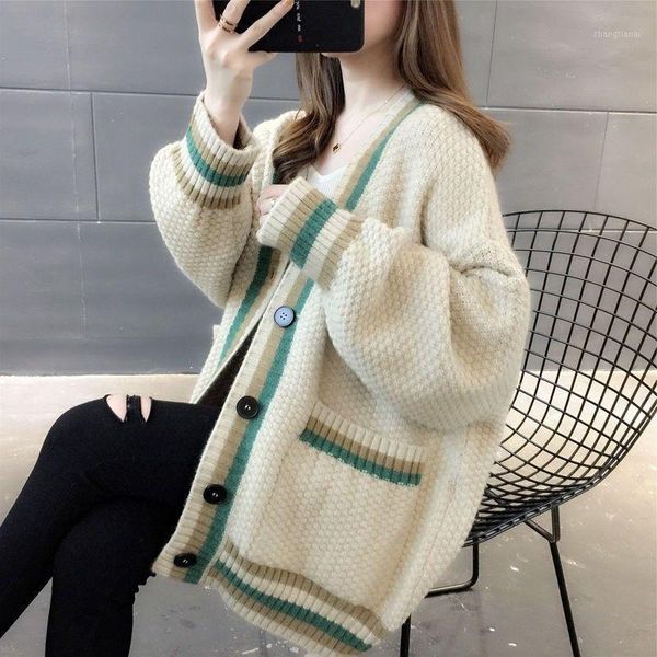 

sweater cardigan jacket women's 2020 autumn and winter new single-breasted loose mid-length versatile knitted sweater casual, White